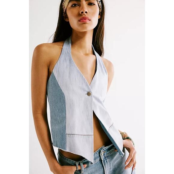FREE PEOPLE x TRICIA FIX Split Denim Vest Size Extra Small Patchwork Halter NWT - Picture 6 of 15
